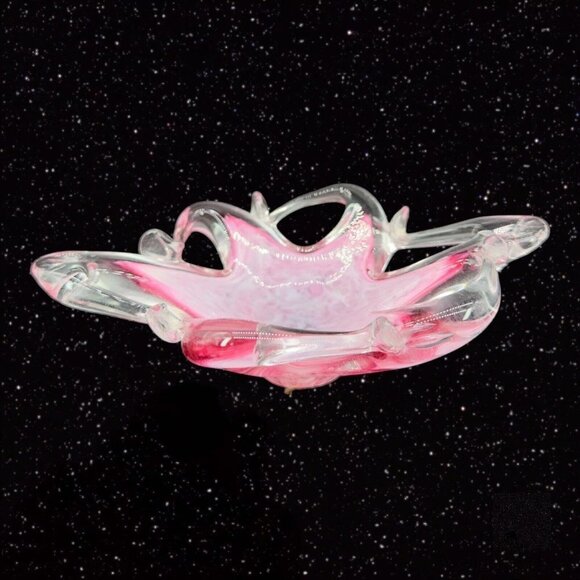 Decorative Art Glass Pink Clear Bowl Basket Swirly Edges 6.5"Wide 2"Tall - Picture 9 of 11
